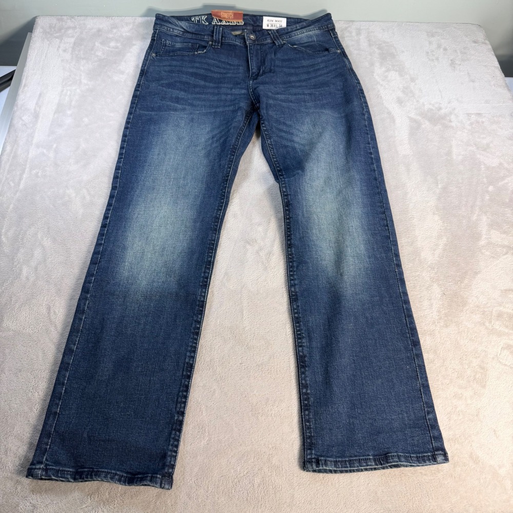 TK Axel Slim Boot Jeans Mens 36x34 Blue Cotton Stretch Denim Pants New